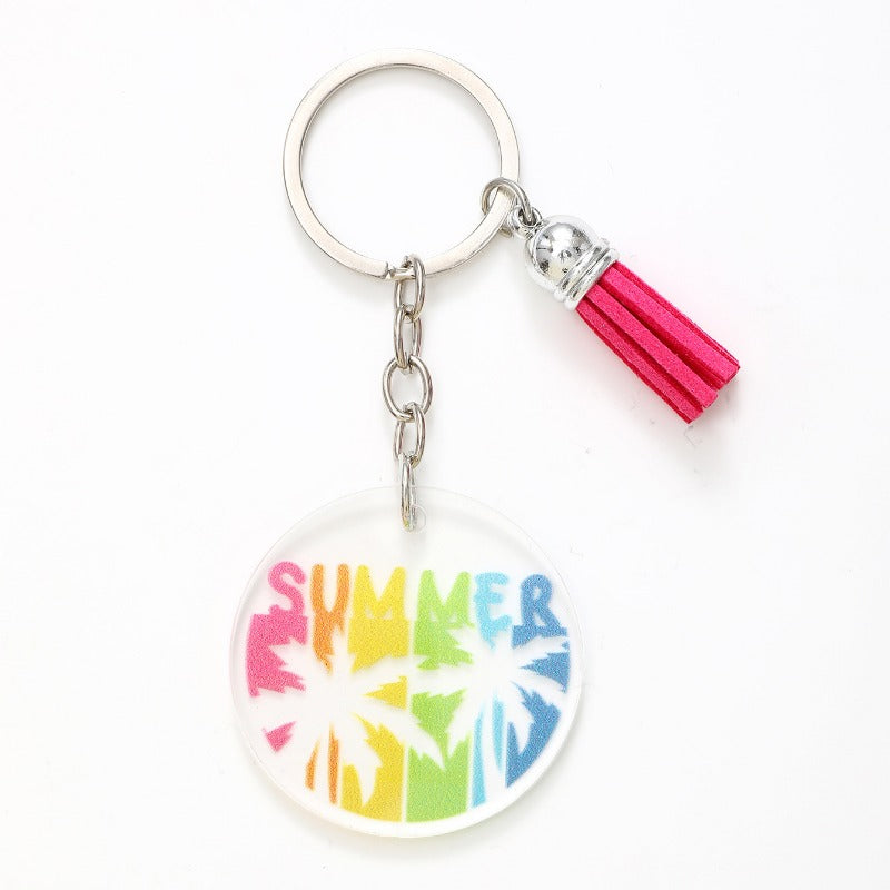 Wholesale Round Colorful Printed Coconut Tree Letters Acrylic Tassel Keychain